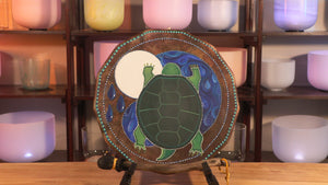 “Nurturing” 17 inch Mother Turtle Painted Indigenous Hand Drum:  The Turtle is amazing and beautiful. Thirteen sections represent the thirteen moons in a calendar of a year. Life is all about balancing and nurturing relationships that promote respect and love for all of us. 